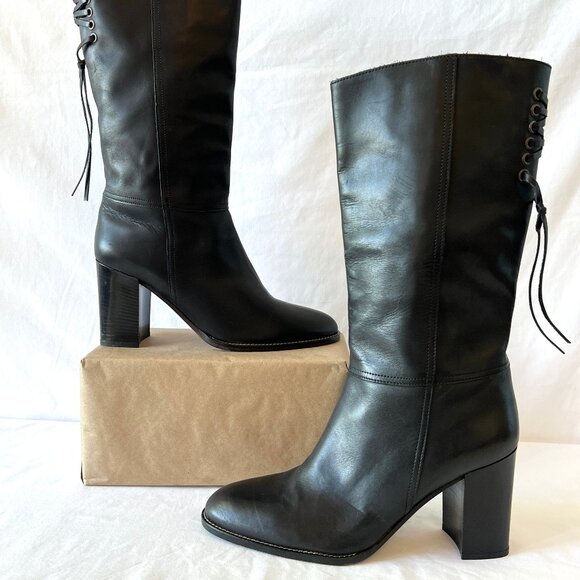 Coach Coty Boots, Black Leather Back Laces, Mid-Calf Size 10, Made in Italy EC - Picture 2 of 11